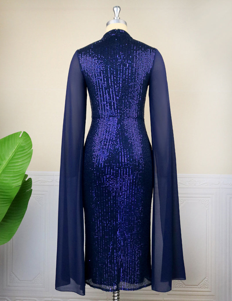 Sequin Keyhole Mock Neck Chiffon Cape Sleeve Midi Dress
