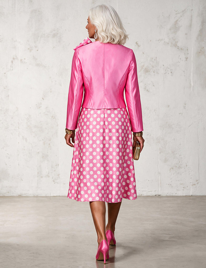 Polka Dot Bow Detail Cropped Jacket and A-Line Skirt Two-Piece Set