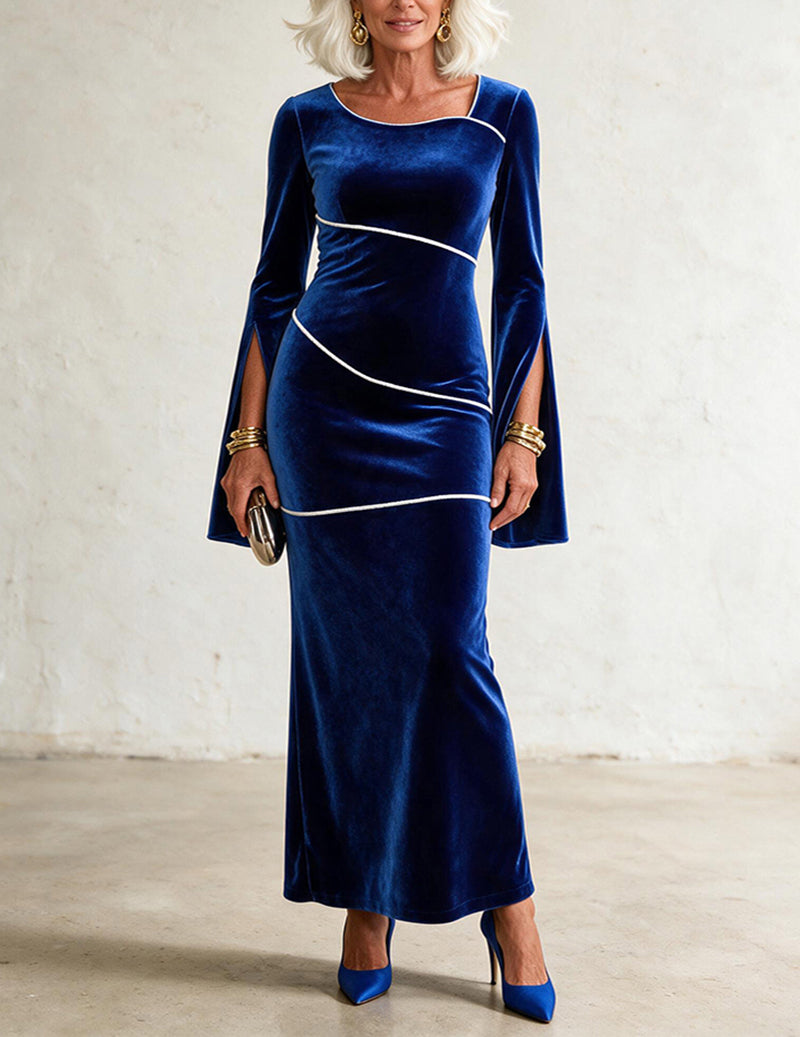 Velvet Boat Neck Contrast Trim Flare Sleeve Maxi Dress