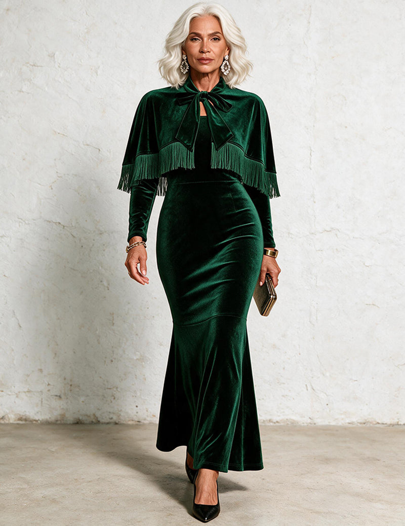 Velvet Fringe Cape and Mermaid Tail Gown Two-Piece Set