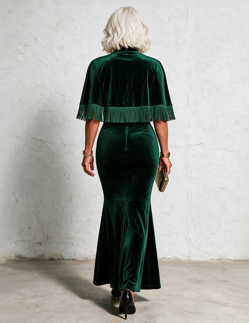 Velvet Fringe Cape and Mermaid Tail Gown Two-Piece Set