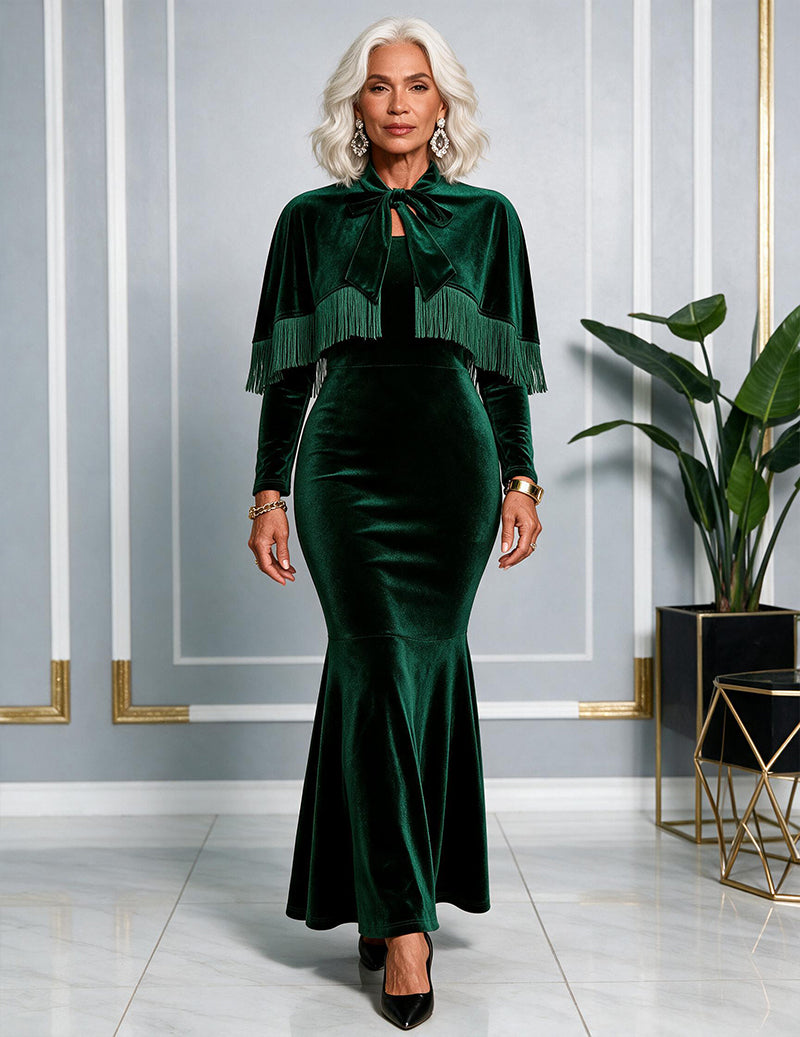 Velvet Fringe Cape and Mermaid Tail Gown Two-Piece Set
