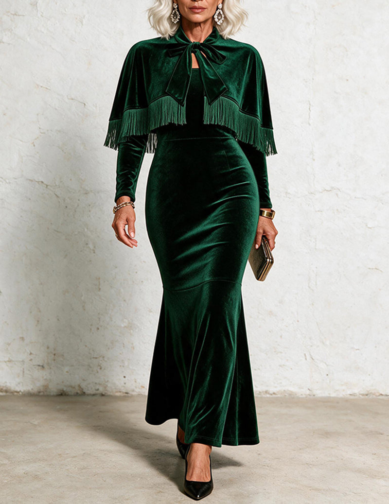 Velvet Fringe Cape and Mermaid Tail Gown Two-Piece Set