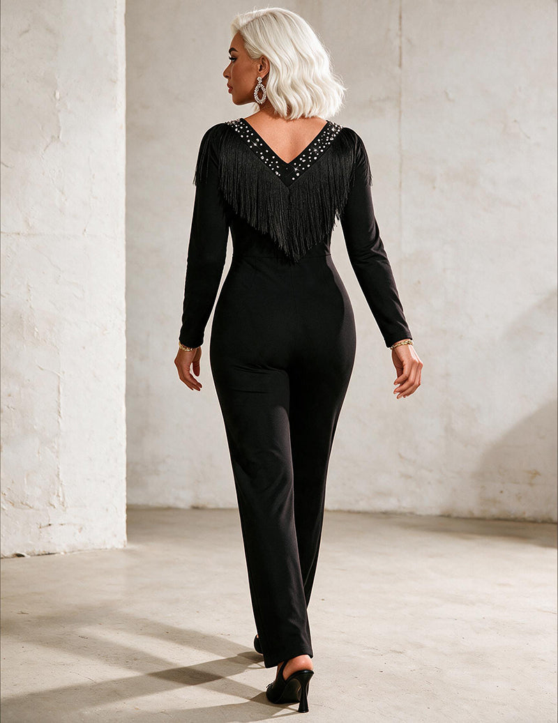 Fringe Trim Embellished V-Neck Long Sleeve Jumpsuit