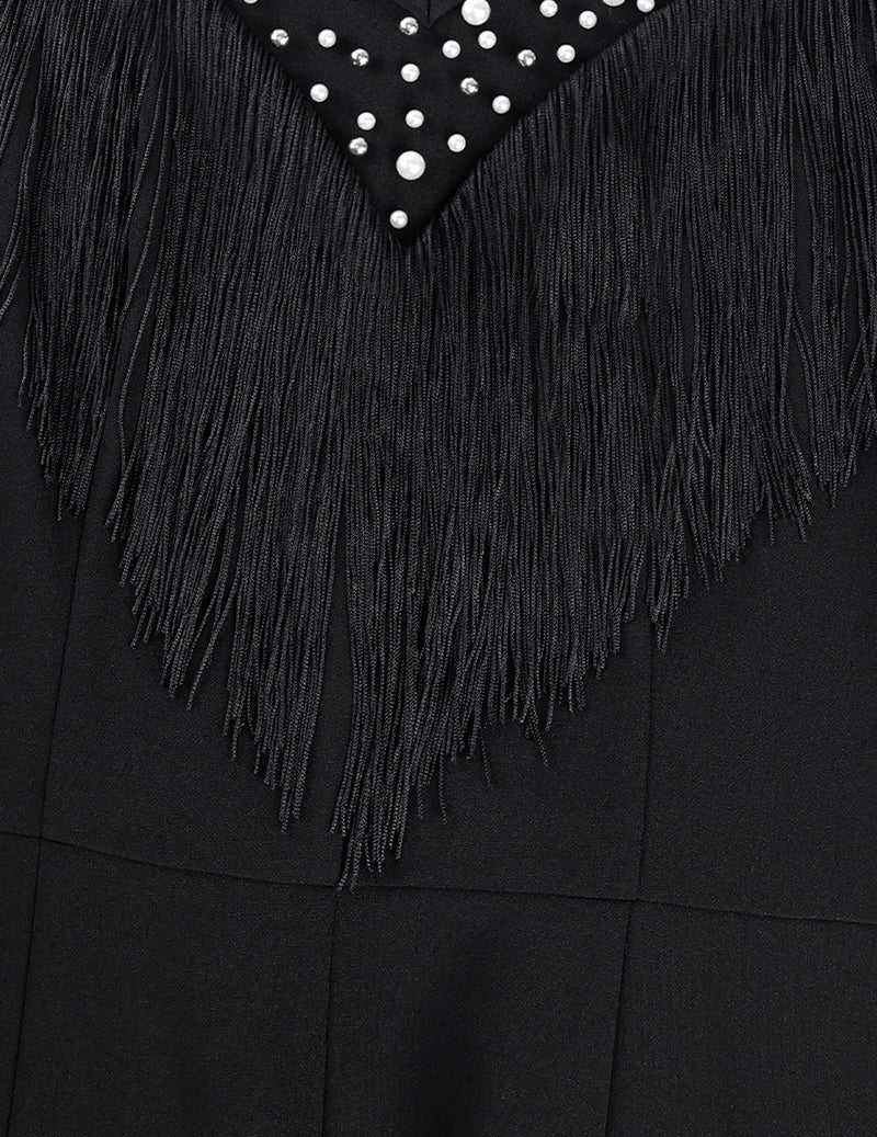 Fringe Trim Embellished V-Neck Long Sleeve Jumpsuit