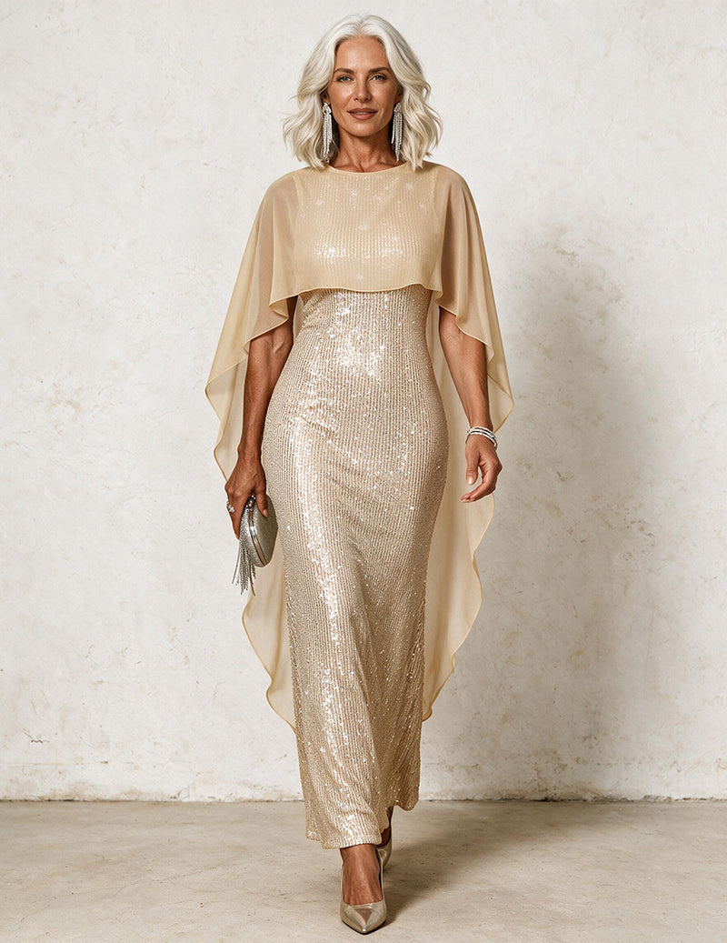 Sequin Chiffon Cape Sleeveless Crew Neck Maxi Dress