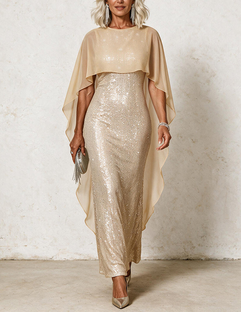 Sequin Chiffon Cape Sleeveless Crew Neck Maxi Dress