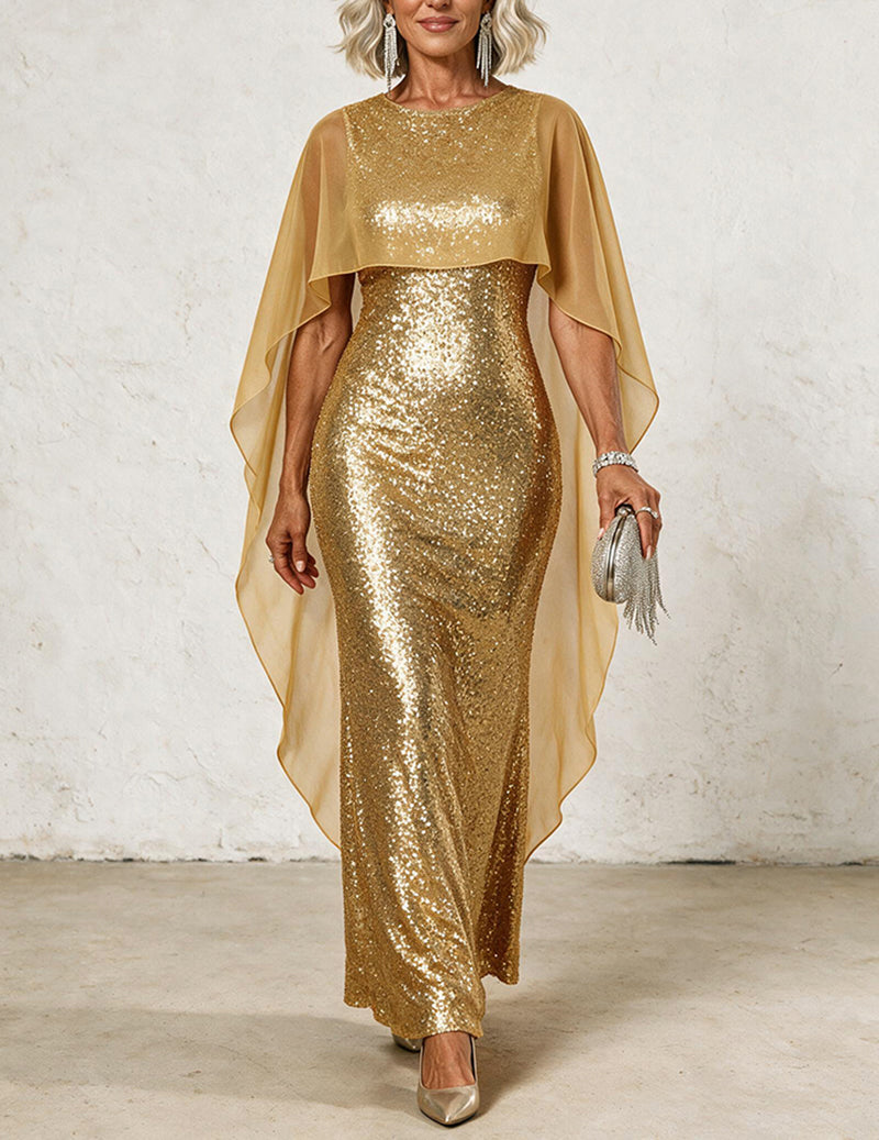 Sequin Chiffon Cape Sleeveless Crew Neck Maxi Dress