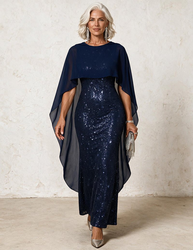 Sequin Chiffon Cape Sleeveless Crew Neck Maxi Dress