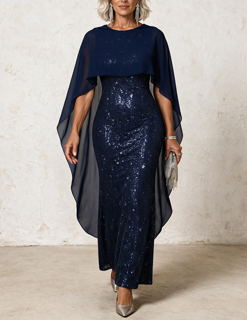 Sequin Chiffon Cape Sleeveless Crew Neck Maxi Dress