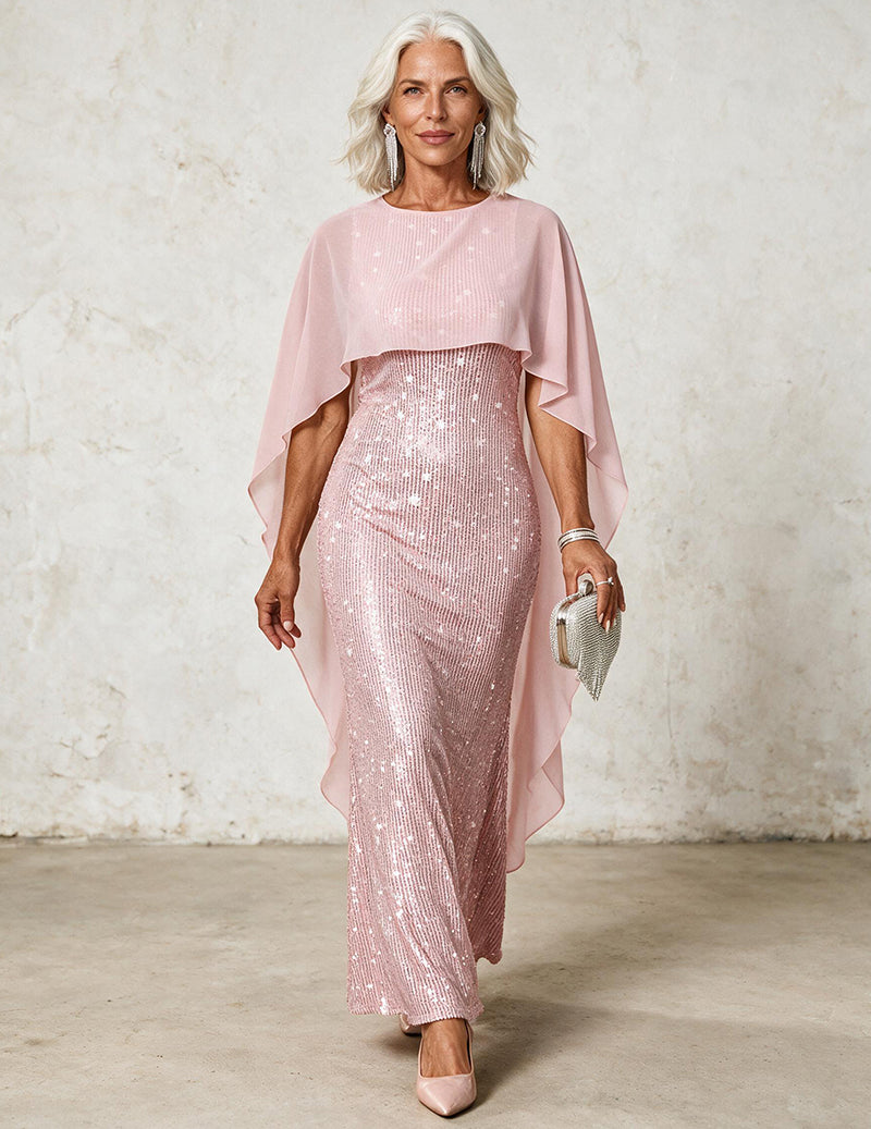 Sequin Chiffon Cape Sleeveless Crew Neck Maxi Dress