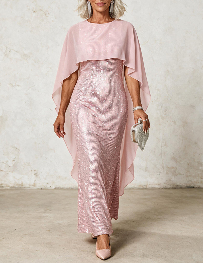 Sequin Chiffon Cape Sleeveless Crew Neck Maxi Dress