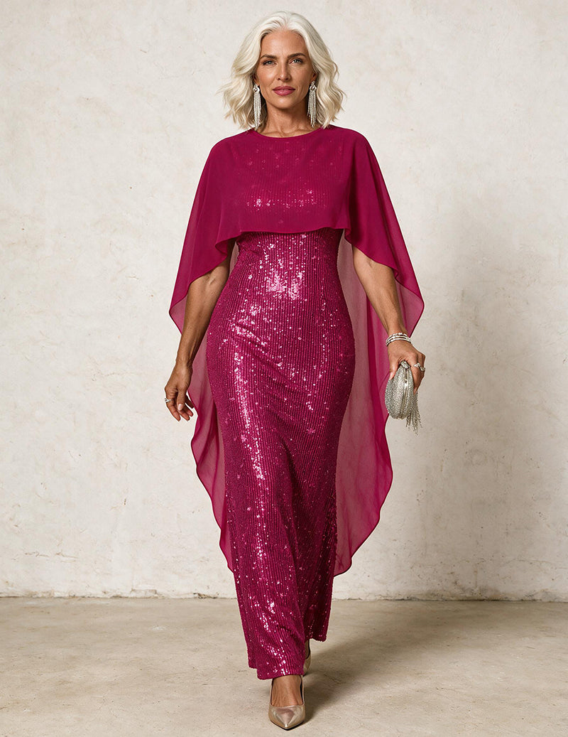 Sequin Chiffon Cape Sleeveless Crew Neck Maxi Dress