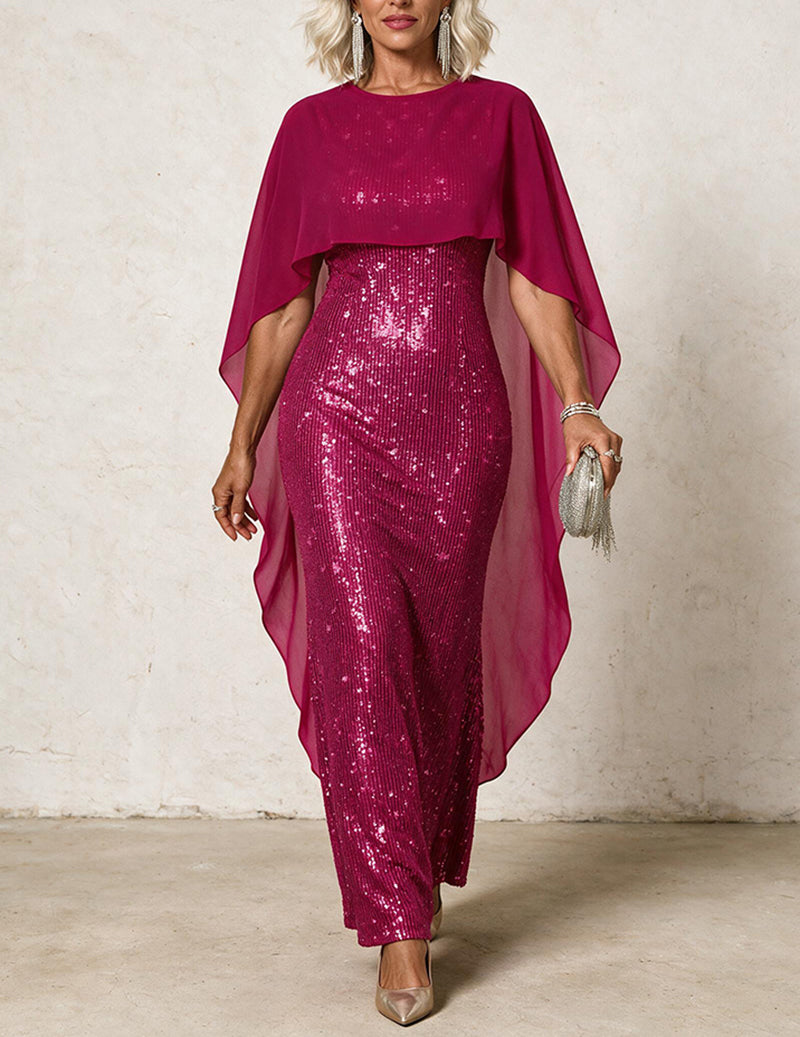 Sequin Chiffon Cape Sleeveless Crew Neck Maxi Dress