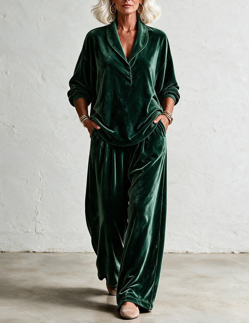 Velvet Notch Collar Button Front Top and Straight Leg Pants Two-Piece Set