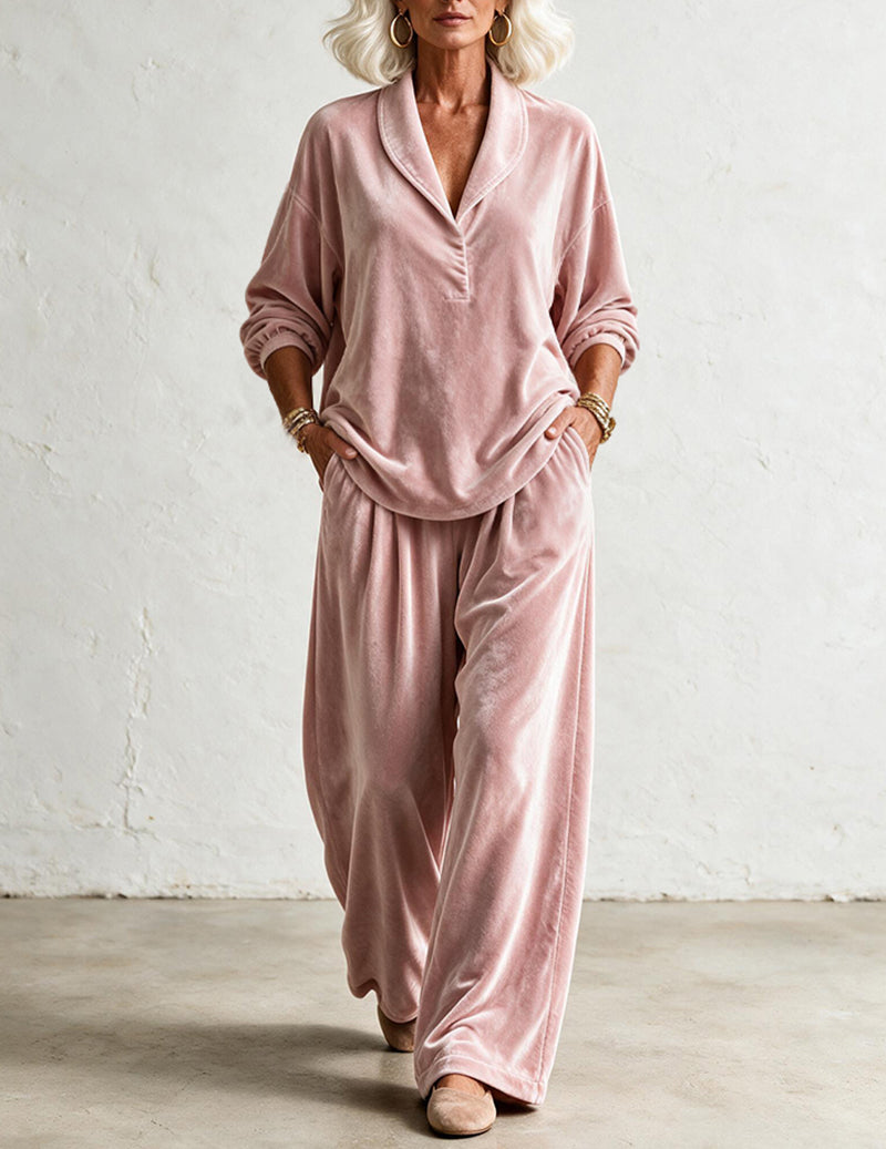 Velvet Notch Collar Button Front Top and Straight Leg Pants Two-Piece Set