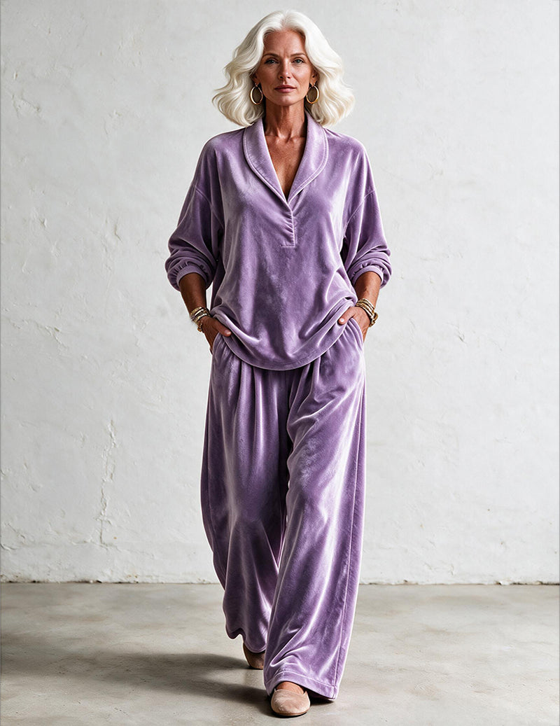 Velvet Notch Collar Button Front Top and Straight Leg Pants Two-Piece Set