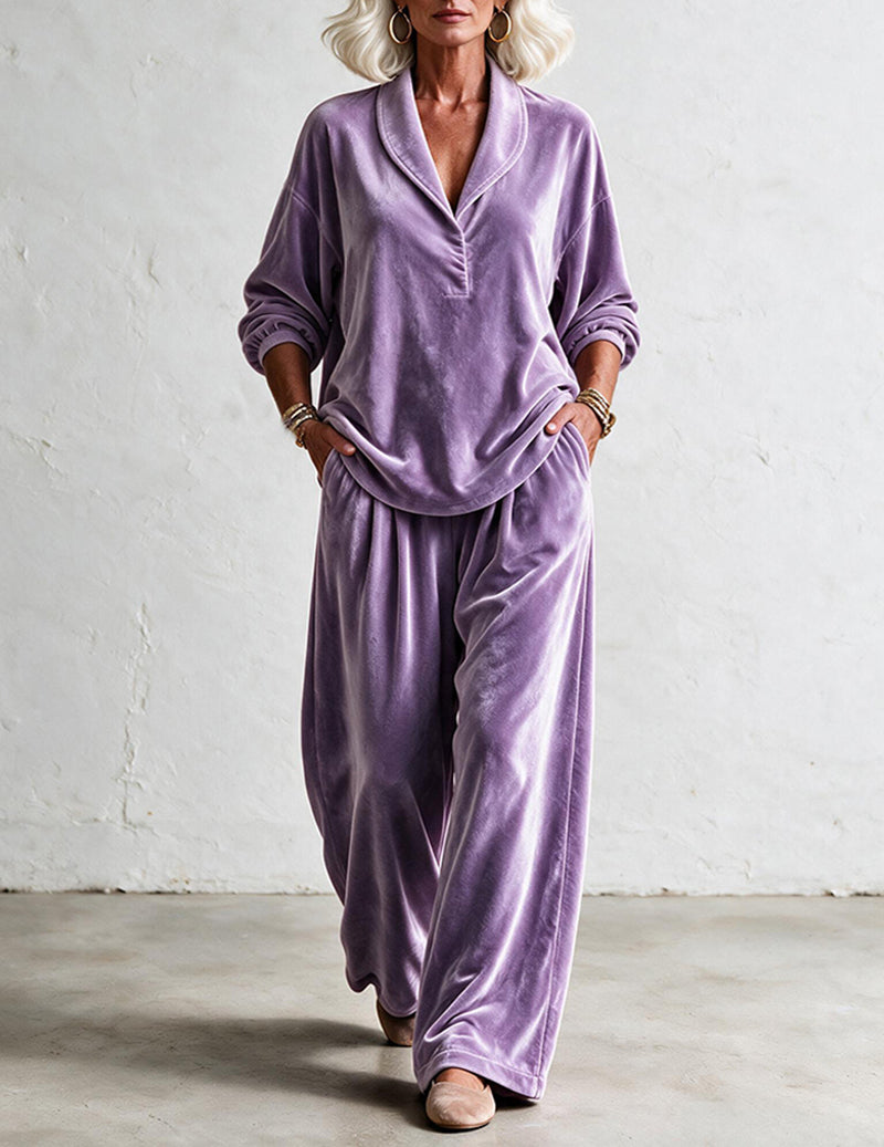 Velvet Notch Collar Button Front Top and Straight Leg Pants Two-Piece Set