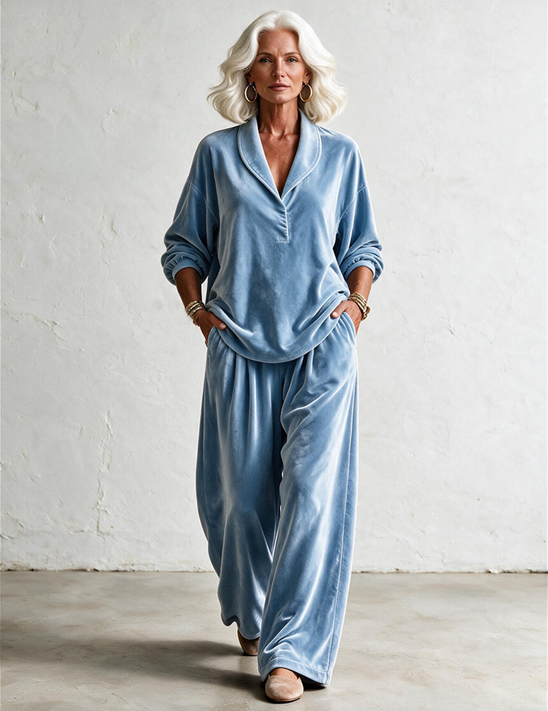 Velvet Notch Collar Button Front Top and Straight Leg Pants Two-Piece Set