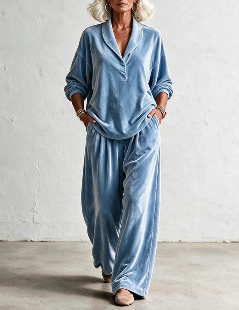 Velvet Notch Collar Button Front Top and Straight Leg Pants Two-Piece Set