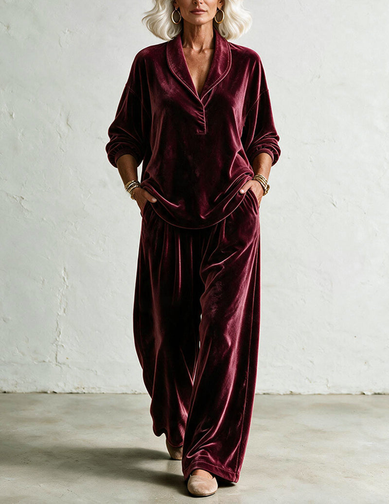 Velvet Notch Collar Button Front Top and Straight Leg Pants Two-Piece Set