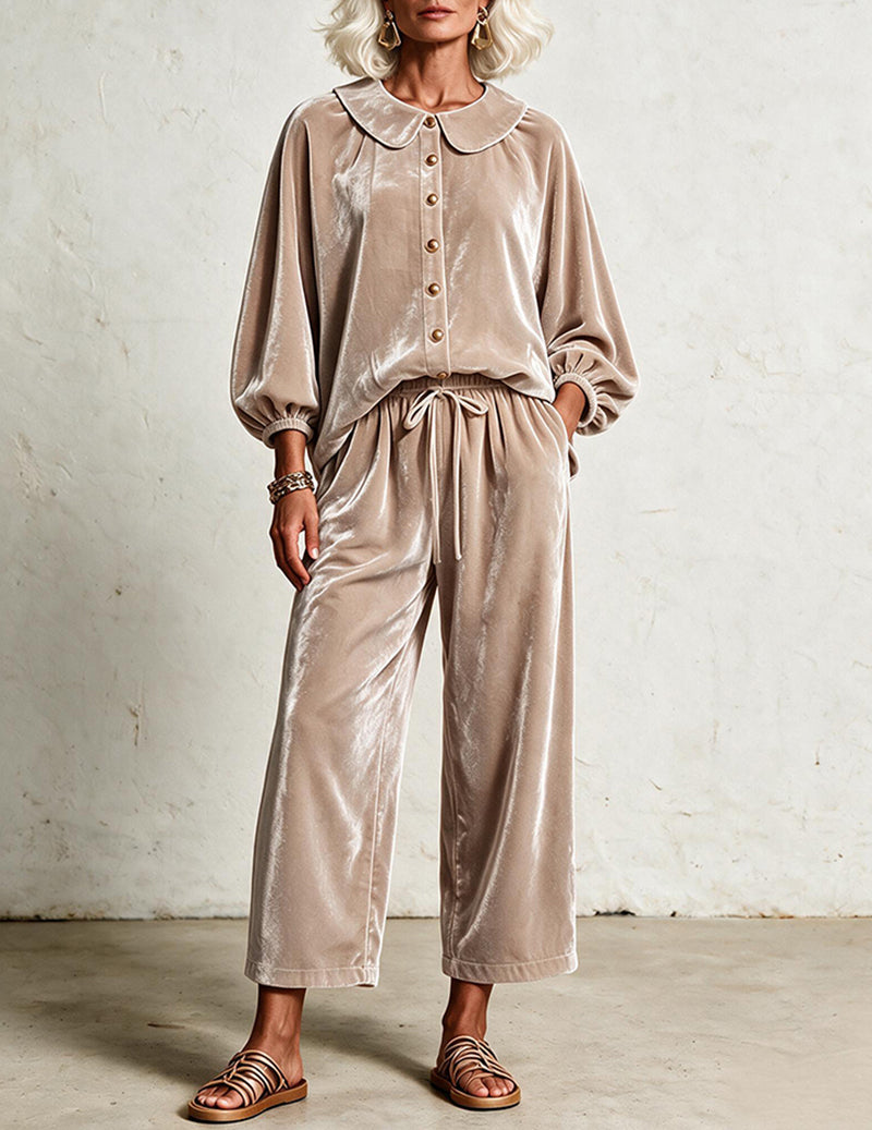 Velvet Peter Pan Collar Balloon Sleeve Top and Wide Leg Pants Two-Piece Set