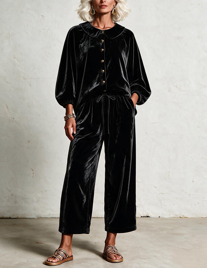 Velvet Peter Pan Collar Balloon Sleeve Top and Wide Leg Pants Two-Piece Set