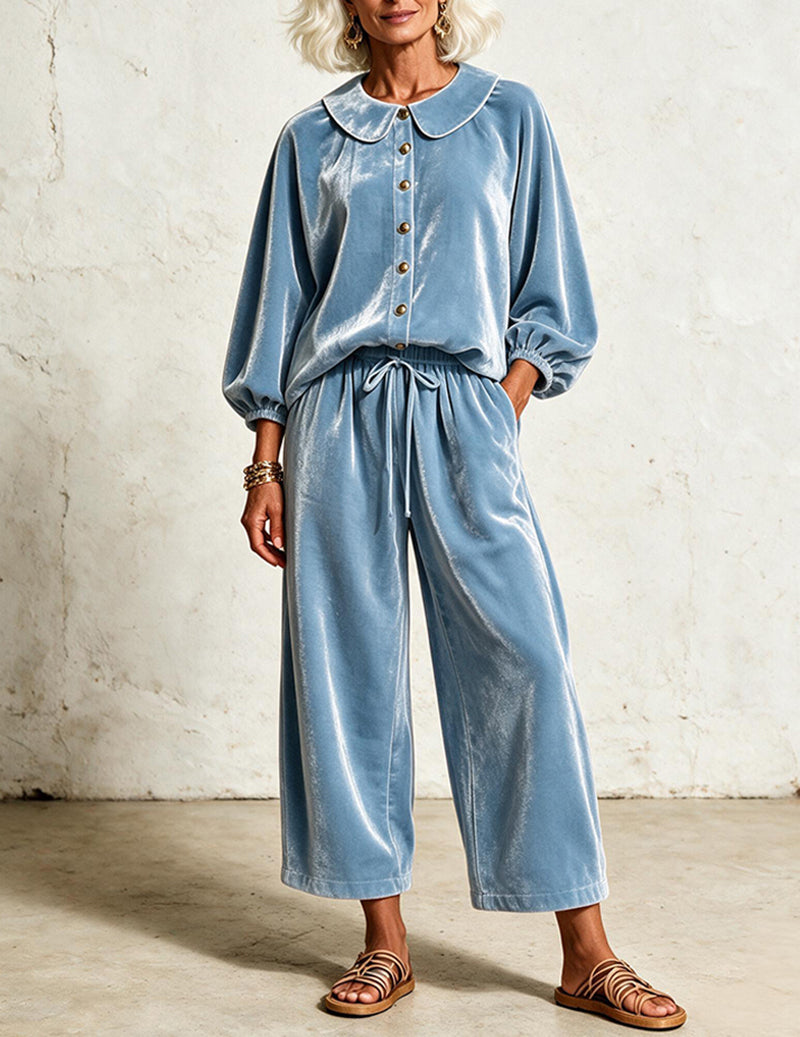 Velvet Peter Pan Collar Balloon Sleeve Top and Wide Leg Pants Two-Piece Set