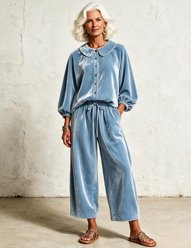 Velvet Peter Pan Collar Balloon Sleeve Top and Wide Leg Pants Two-Piece Set