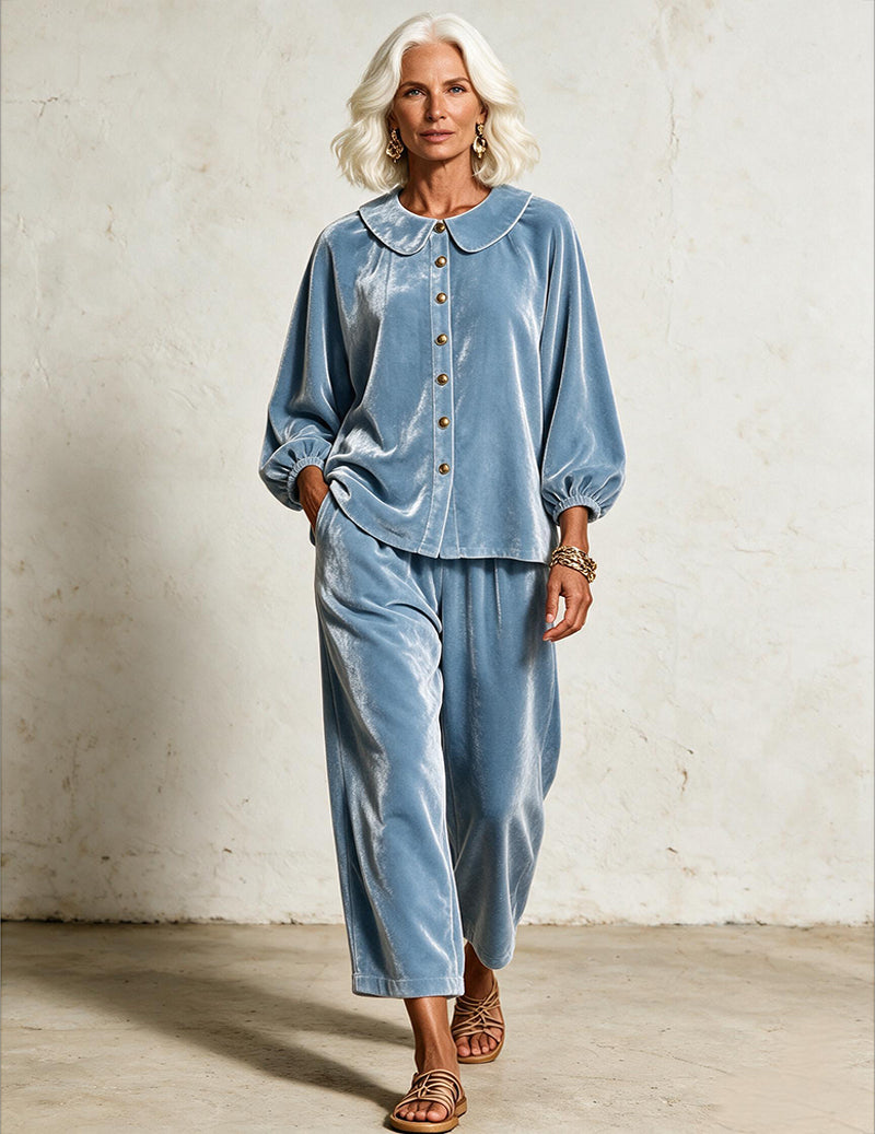 Velvet Peter Pan Collar Balloon Sleeve Top and Wide Leg Pants Two-Piece Set