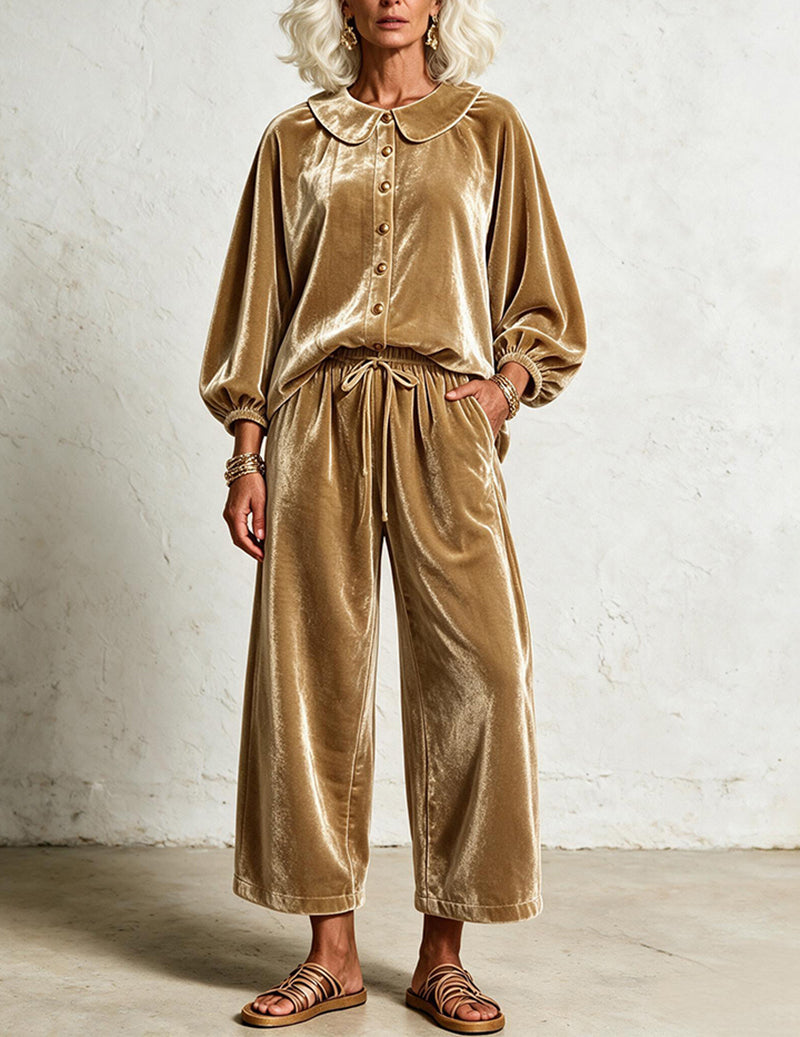 Velvet Peter Pan Collar Balloon Sleeve Top and Wide Leg Pants Two-Piece Set