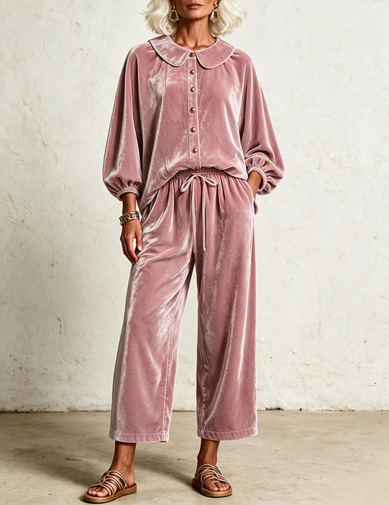 Velvet Peter Pan Collar Balloon Sleeve Top and Wide Leg Pants Two-Piece Set