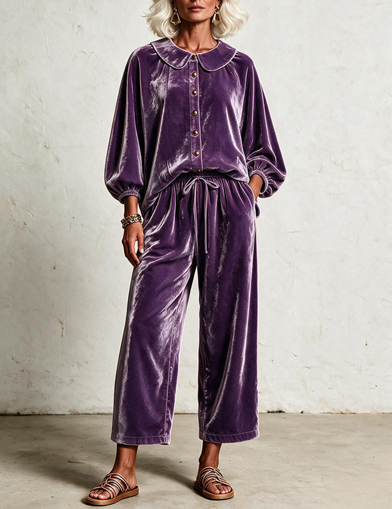 Velvet Peter Pan Collar Balloon Sleeve Top and Wide Leg Pants Two-Piece Set