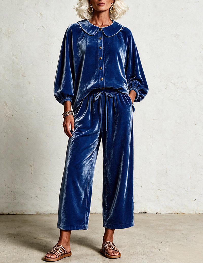 Velvet Peter Pan Collar Balloon Sleeve Top and Wide Leg Pants Two-Piece Set