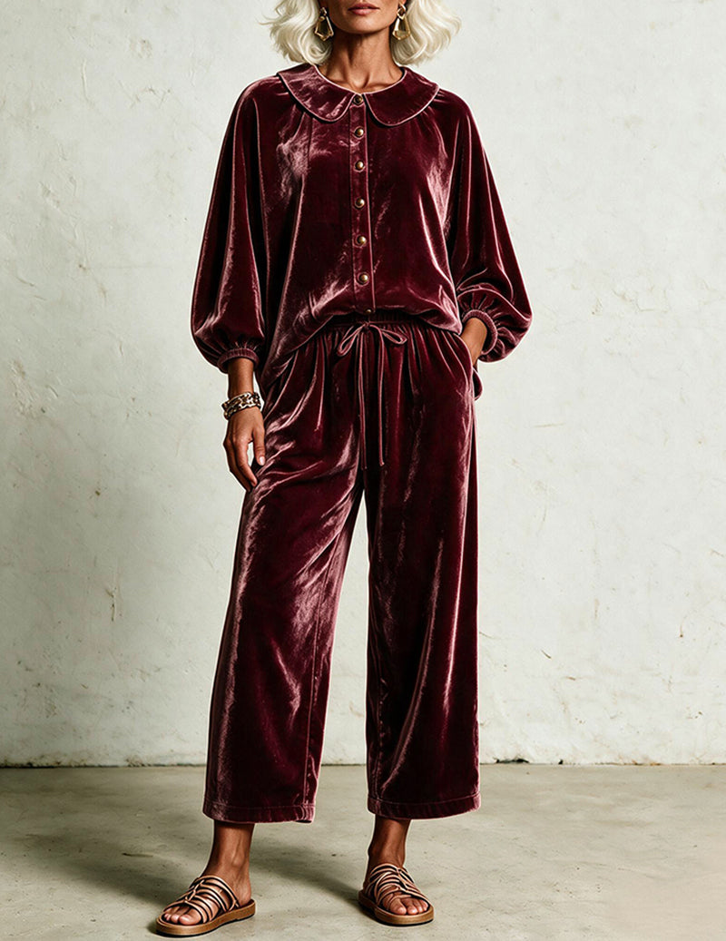 Velvet Peter Pan Collar Balloon Sleeve Top and Wide Leg Pants Two-Piece Set