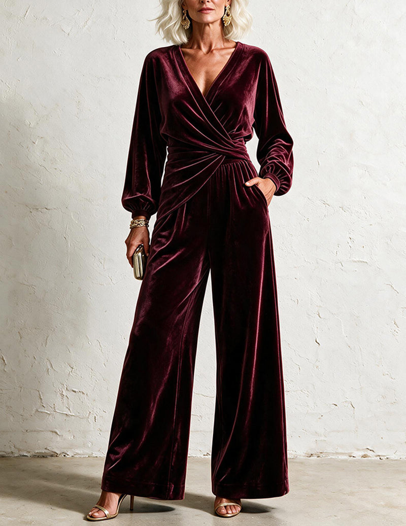 Velvet Wrap V-Neck Top and Wide Leg Pants Two-Piece Set