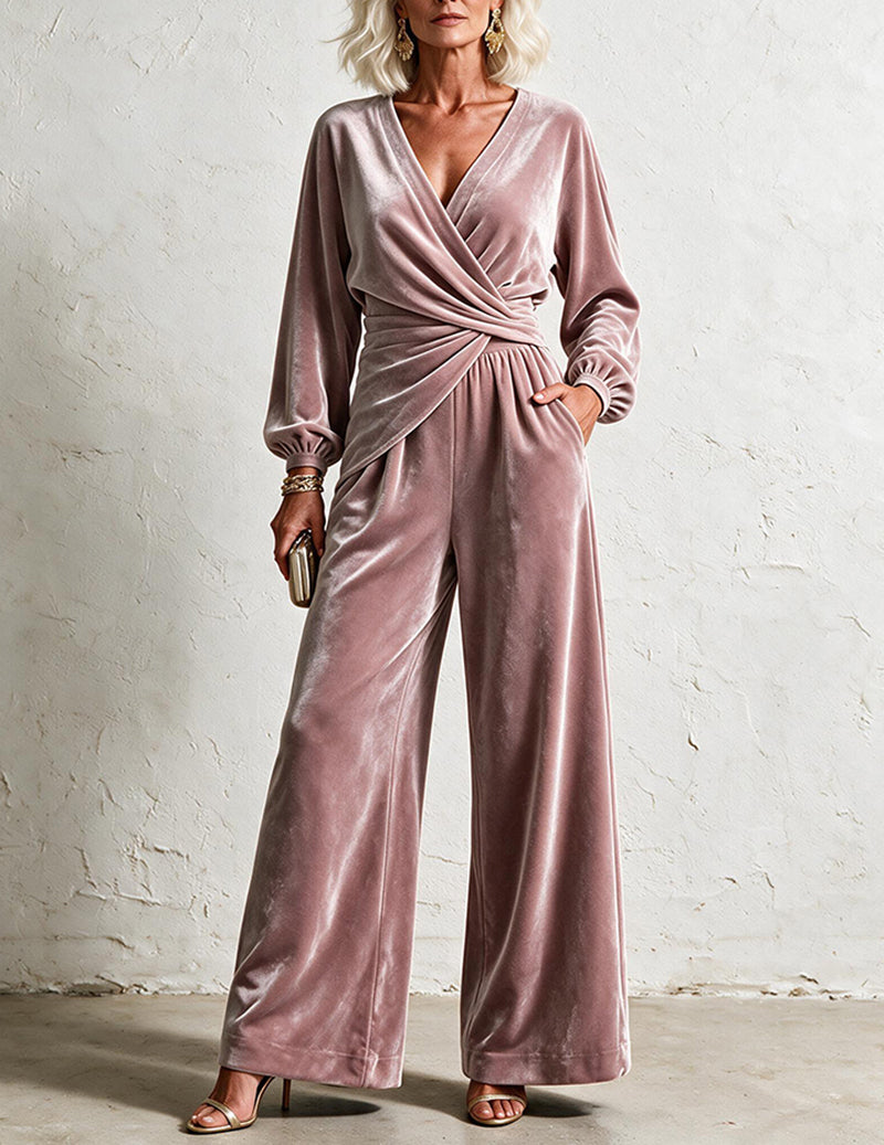 Velvet Wrap V-Neck Top and Wide Leg Pants Two-Piece Set