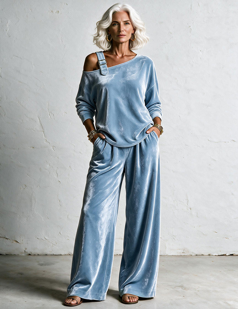 Velvet One Shoulder Asymmetric Top and Wide Leg Pants Two-Piece Set