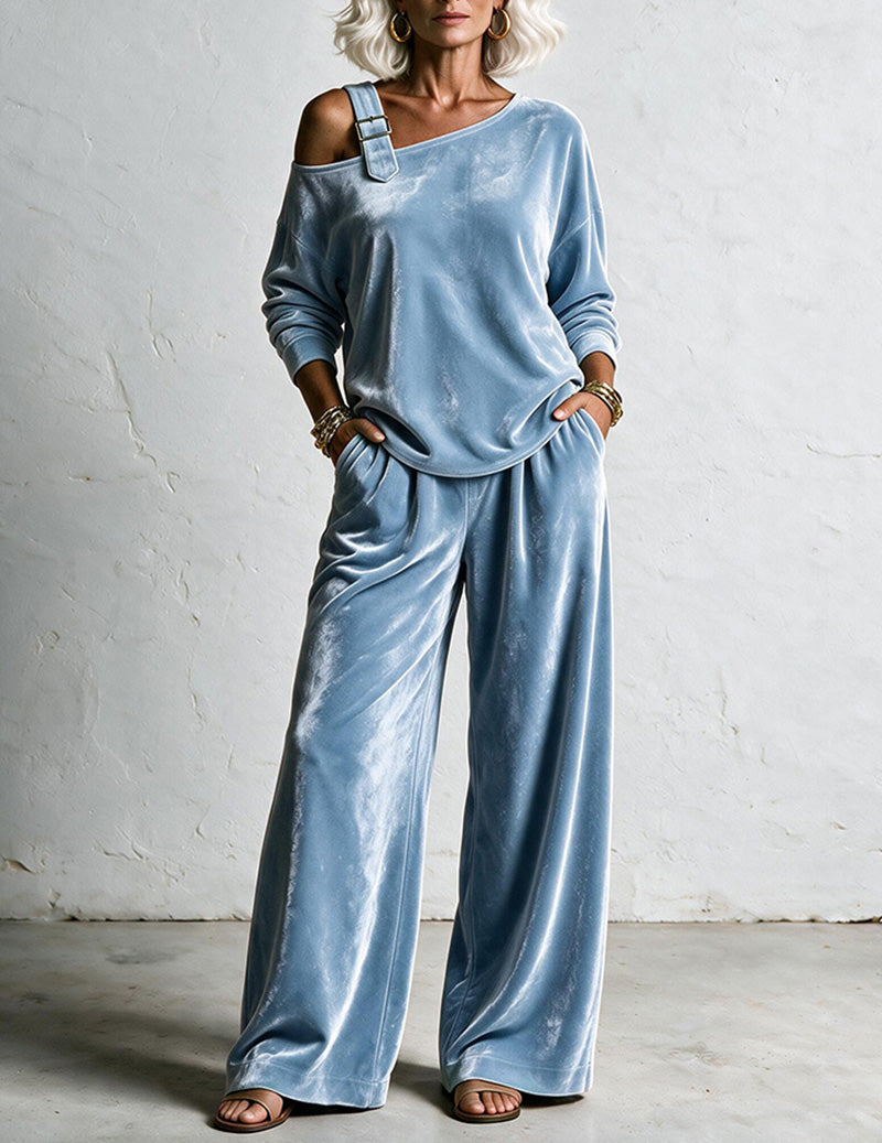 Velvet One Shoulder Asymmetric Top and Wide Leg Pants Two-Piece Set