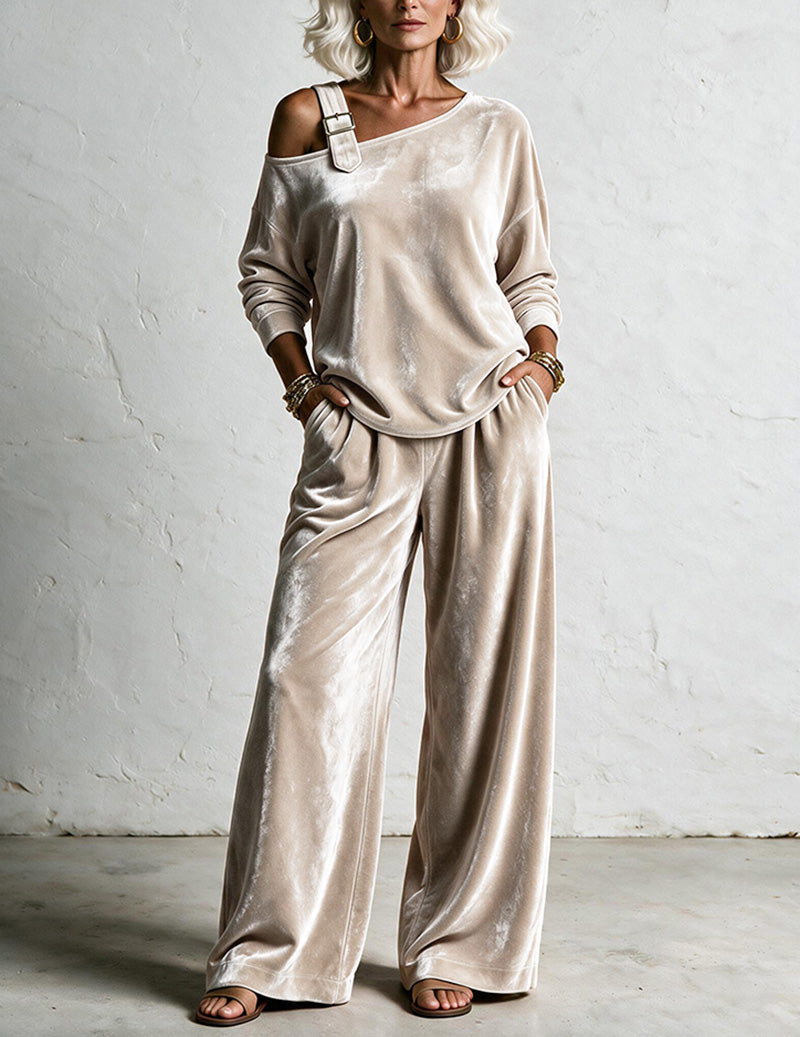 Velvet One Shoulder Asymmetric Top and Wide Leg Pants Two-Piece Set