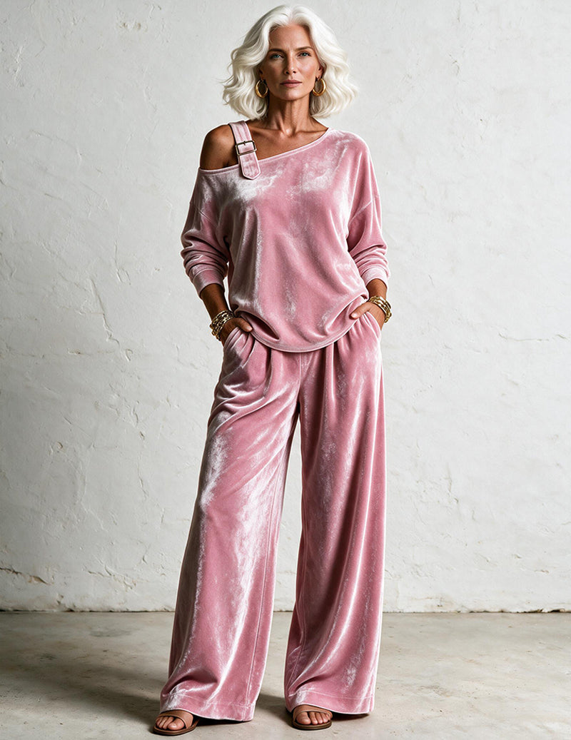 Velvet One Shoulder Asymmetric Top and Wide Leg Pants Two-Piece Set