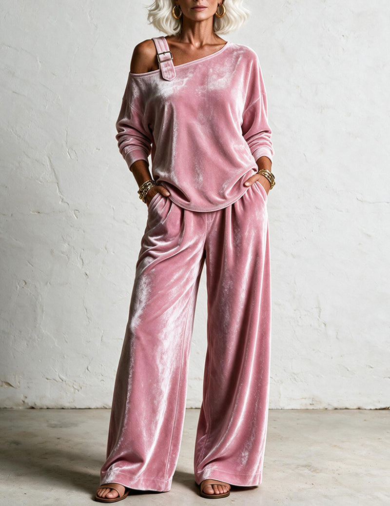 Velvet One Shoulder Asymmetric Top and Wide Leg Pants Two-Piece Set
