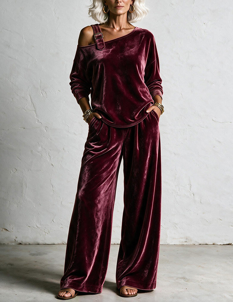 Velvet One Shoulder Asymmetric Top and Wide Leg Pants Two-Piece Set