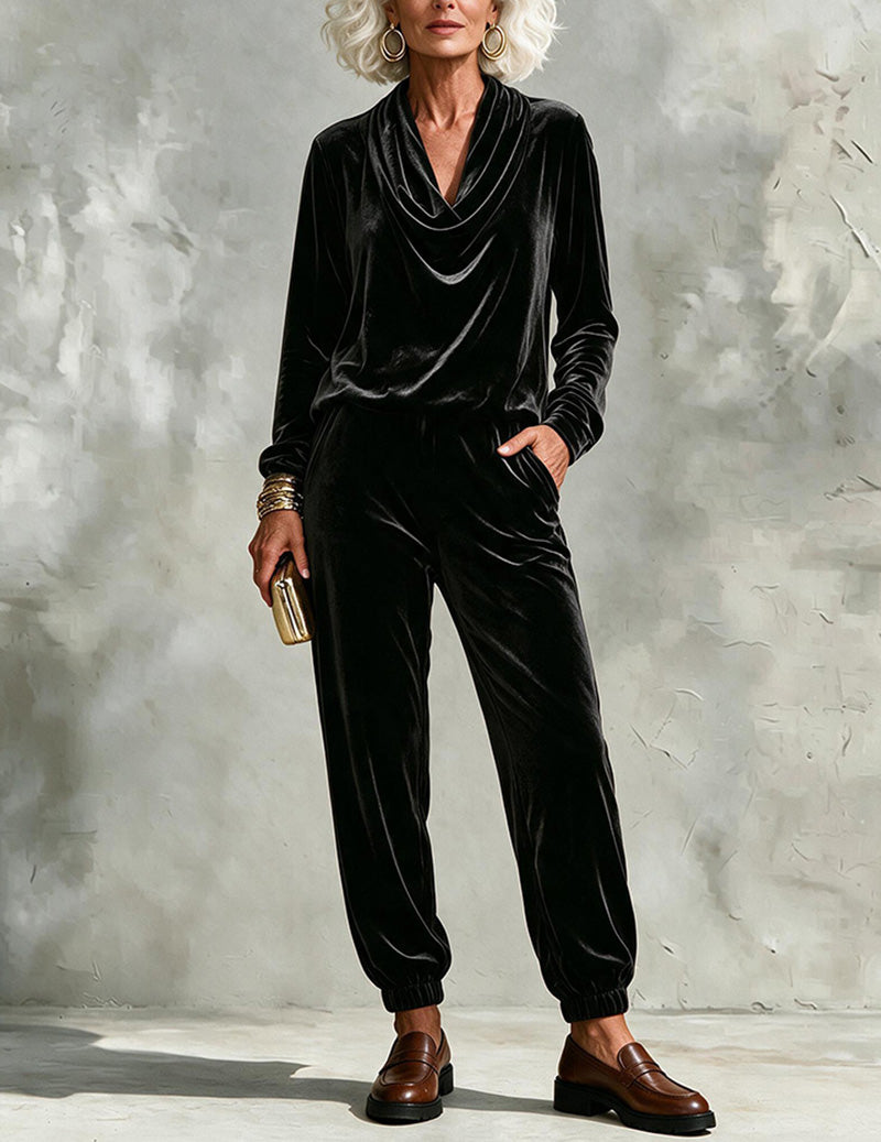 Velvet Cowl Neck Top and Jogger Pants Two-Piece Set