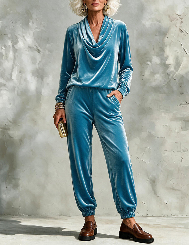 Velvet Cowl Neck Top and Jogger Pants Two-Piece Set