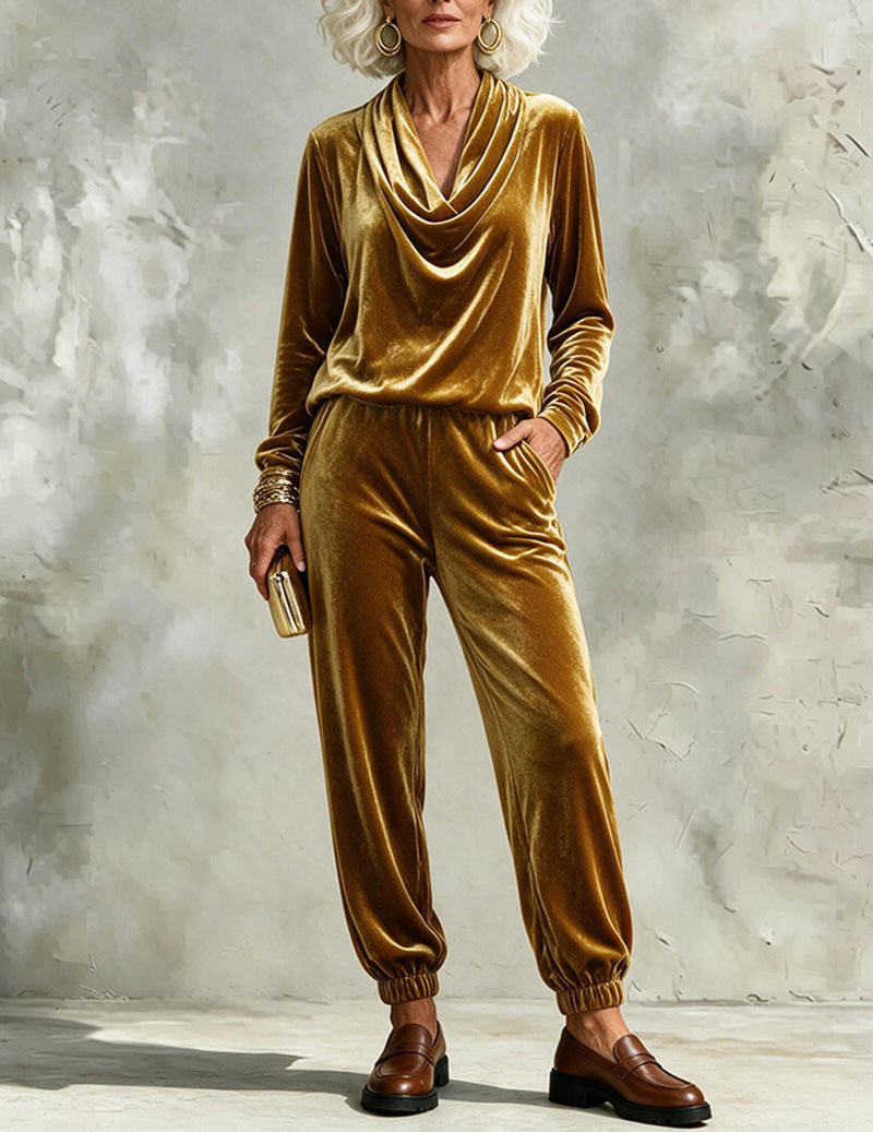 Velvet Cowl Neck Top and Jogger Pants Two-Piece Set