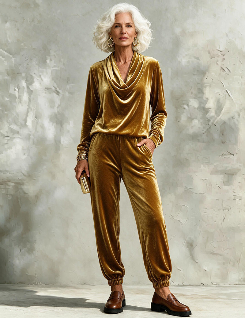 Velvet Cowl Neck Top and Jogger Pants Two-Piece Set