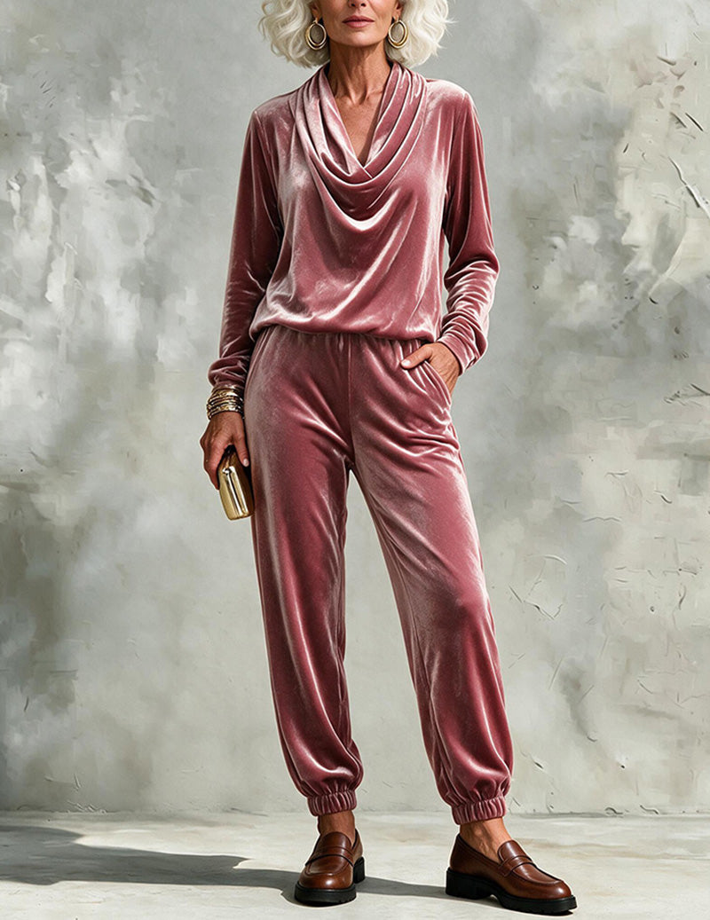 Velvet Cowl Neck Top and Jogger Pants Two-Piece Set