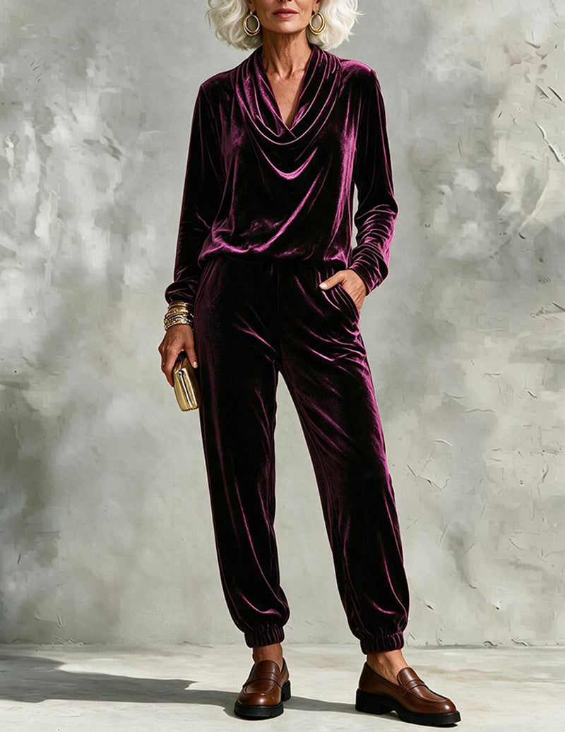 Velvet Cowl Neck Top and Jogger Pants Two-Piece Set