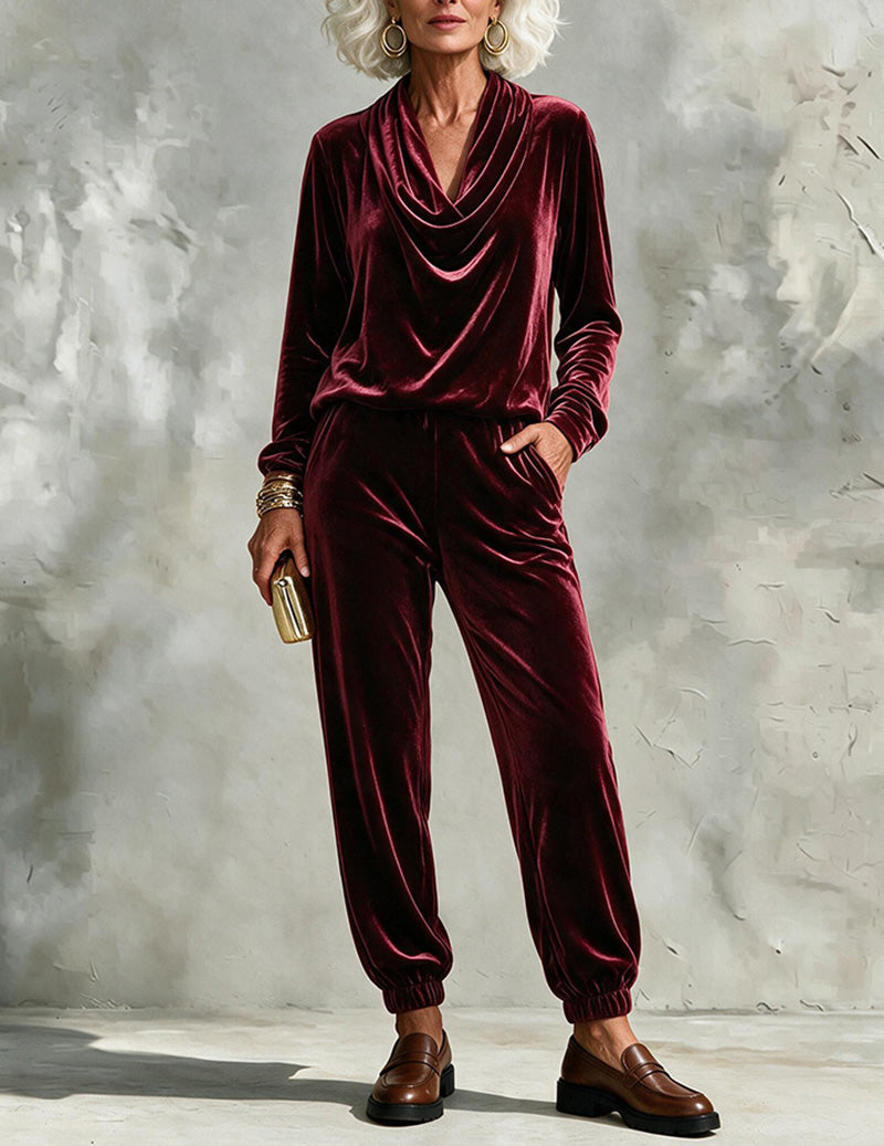 Velvet Cowl Neck Top and Jogger Pants Two-Piece Set